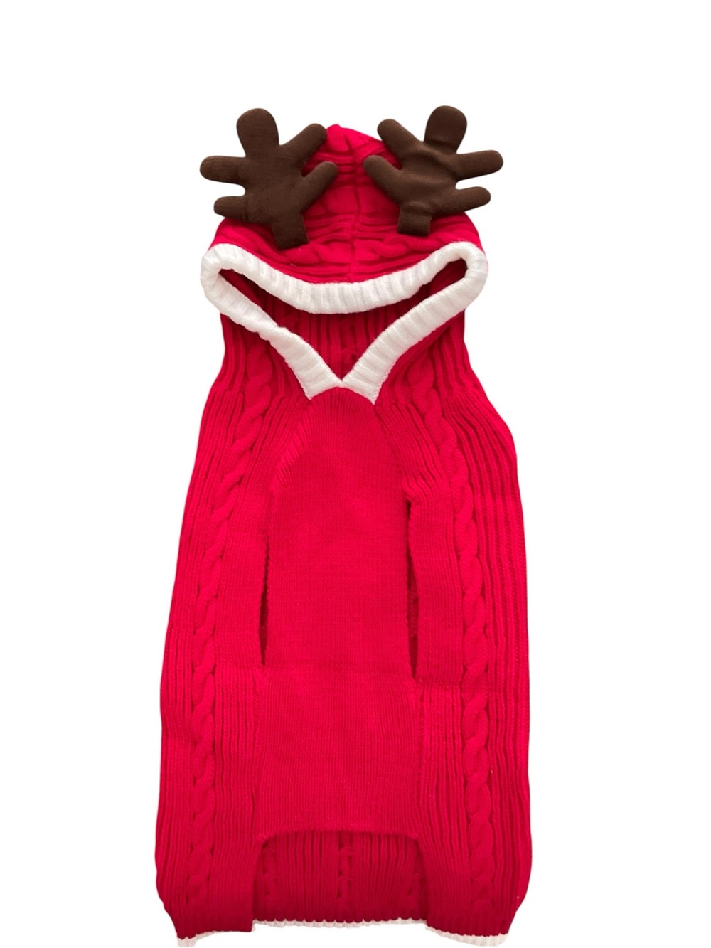 PUP CREW Pet Red Cable-Knit Sweater White-Trimmed Hood Holiday Reindeer NWOT